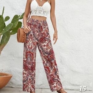New Boho Paisley Print Wide Leg Pants, Boho Elastic Pant